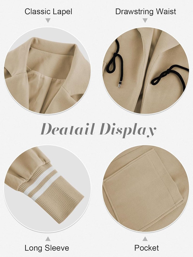 Fazortev Women Coat Pocket Casual Drawstring Waist Open Front Classic Lapel Overcoat - Image 4